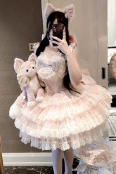 Robe Jsk Lolita Princesse Douce en Dentelle à Volants Multicouches Rose avec Nœud Papillon